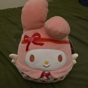 Squishmallows Pink My Melody Bunny with Red Bow and Gold Nose